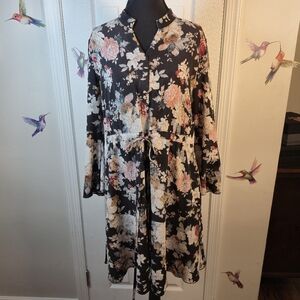 Floral Tie-Waist Long Sleeve Dress with Pockets Size M